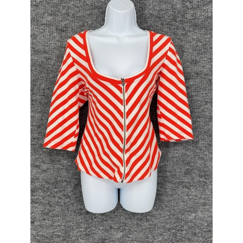 Maeve Anthropologie Womens L Red White Striped Scoop Neck 3/4 Sleeve Zip Top